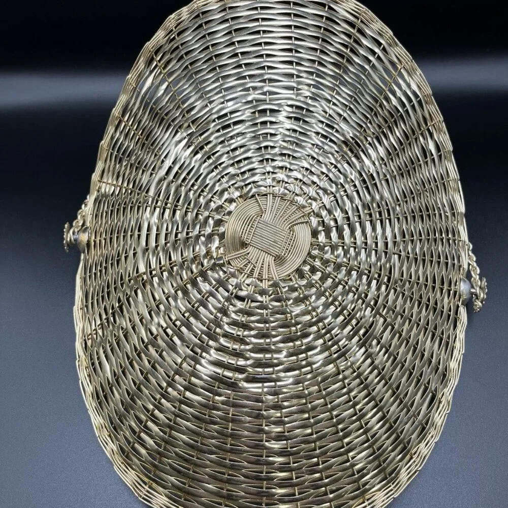Vintage 60s Woven Metal Basket MCM Hollywood Regency Gold Tone Decorative Atomic